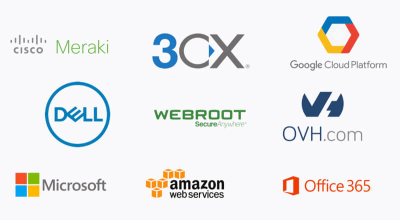 Partenaires et certifications ITAK IT : Cisco Meraki, 3CX, Google Cloud Platform, Dell, Webroot, OVH, Microsoft, Amazon Web Services, Office 365